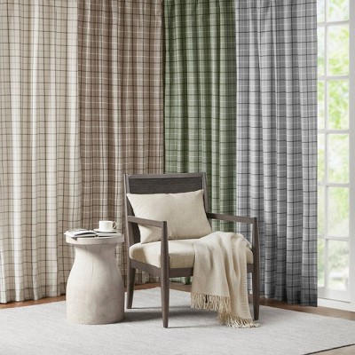 Brown Plaid Polyester Light-Filtering Curtain Panel with Fleece Lining