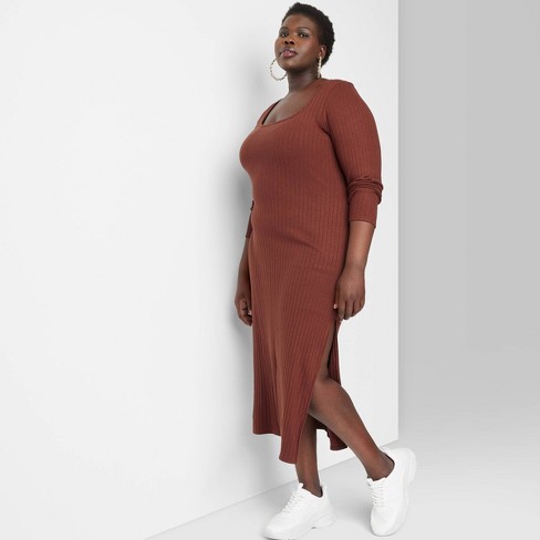 Women\'s Long Sleeve Rib Knit Midi Dress - Wild Fable™ Dark Brown Xxl :  Target
