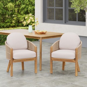 Outdoor Acacia Wood Dining Armchairs Set of 2, Rope Woven Back with Beige Cushions for Patio or Garden – Cuddlewood - 1 of 4