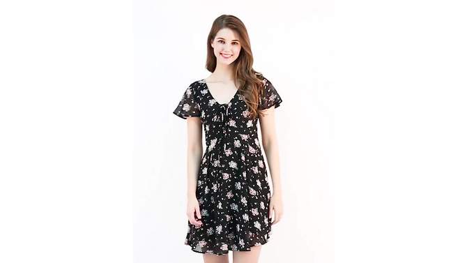 Allegra K Women's Floral Printed Flare Short Sleeve Lace-up V Neck Chiffon Dress, 2 of 8, play video