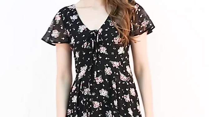 Allegra K Women's Floral Printed Flare Short Sleeve Lace-up V Neck Chiffon Dress, 2 of 7, play video