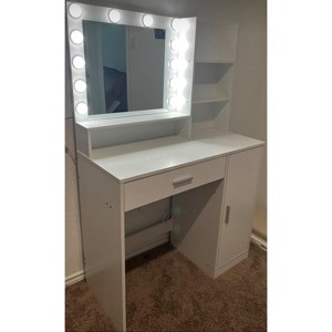 DOMETOUR Vanity Desk with Mirror, Lights & Drawer, 3-Level Storage, Adjustable Brightness, 3 Lighting Modes, Bedroom Dressing Table (Pink) - 1 of 4