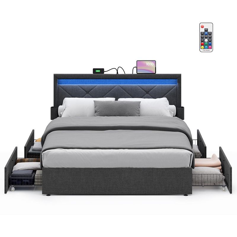 VASAGLE LED Bed Frame Queen/Full/Twin Size with Headboard and 4 Drawers, 1 USB Port and 1 Type C Port, Adjustable Upholstered Headboard, Grey, 1 of 7