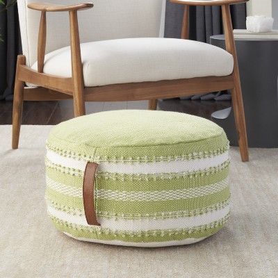 Casual Geometric Green and White Woven Outdoor Pouf 20" x 20" x 12"