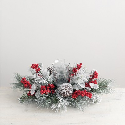 Sullivans Artificial Snow Pine and Berry Centerpiece 10"H & 6"H Green