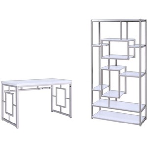 TiramisuBest White Wood Bookcase & Desk with Chrome and White PVC Tops, Matching Design - 1 of 4
