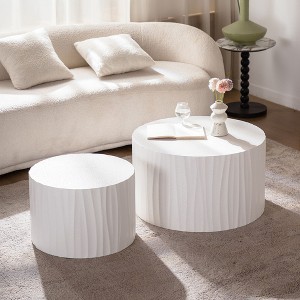 Kumasinova Round Nesting Coffee Table Set of 2,Modern White Wood Center Table with Hand-Carved Pattern,46.45" Side Table for Living Room Furniture - 1 of 4