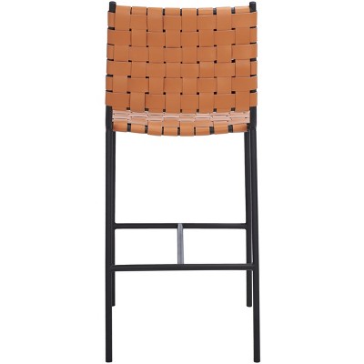 Cognac Leather and Black Metal Saddle Counter Stool