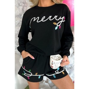 Black Sequin Merry Graphic Pullover and Shorts Outfit - 1 of 1