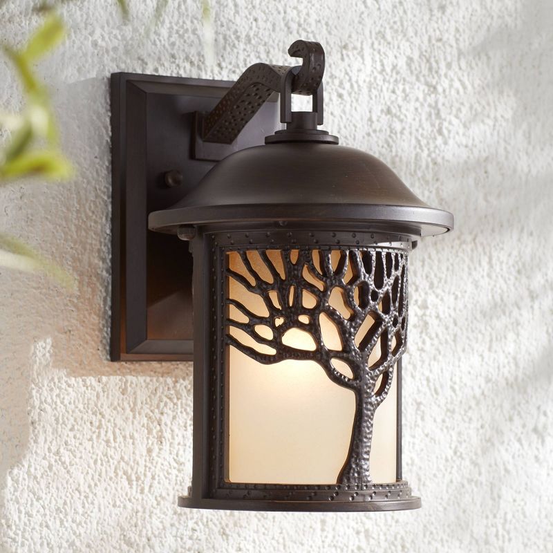 John Timberland Mission Outdoor Wall Light Fixture Bronze Tree Motif 12 1/4" Amber Glass Lantern for Exterior House Porch Patio, 2 of 10