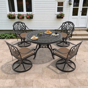5-Piece Round Cast Aluminum Patio Set with Swivel Chairs,Brown Cushions,and Umbrella Hole - 1 of 4