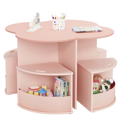Arceso Toddler Table and Chair Set with 4 Storage Stools, Flower Shaped Nesting Design with Built-in Pen Holder, Kids Table