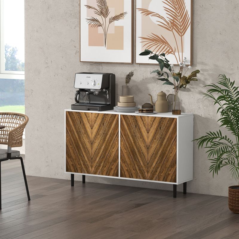HOMCOM Modern Kitchen Sideboard Buffet Cabinet with Adjustable Shelves, 48" Coffee Bar Cabinet with Chevron Doors and Pine Wood Legs, Brown, 3 of 7