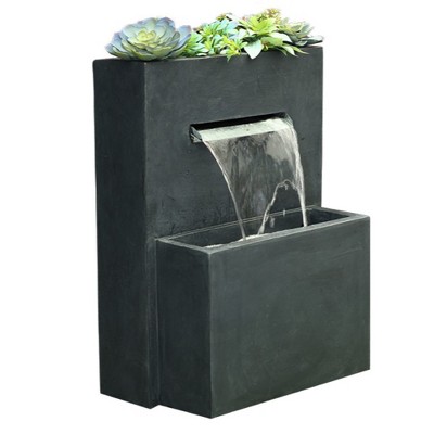 Gray Polyresin Modern Rectangular Waterfall Fountain with Planter