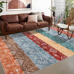 Vintage Boho Geometric Area Rug with Non-Slip Backing, Soft Foldable Low Pile Non-Slip Indoor Floor Carpet - 1 of 4