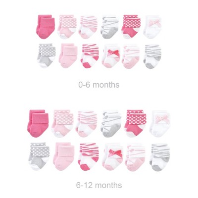 Luvable Friends Infant Girl Grow with Me Cotton Terry Socks, Ballet, 0-6 and 6-12 Months