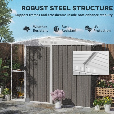 Gray Metal Garden Storage Shed with 2-Tier Rack and Lockable Door