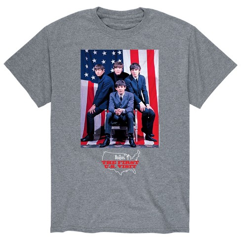 Men s The Beatles The First U.S. Visit American Flag Short Sleeve Graphic T Shirt Athletic Heather Small