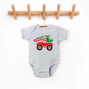 The Juniper Shop Christmas Dino Truck Baby Bodysuit - 6 Month - Heather Grey - 1 of 3