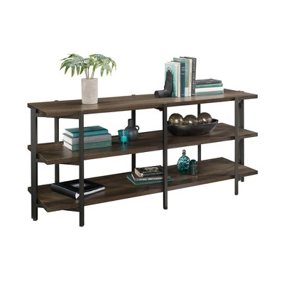 Smoked Oak and Black Metal 55" TV Stand with Open Shelving