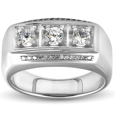 Pompeii3 1ct Diamond Mens Three Stone Wedding Anniversary Ring 10k White Gold