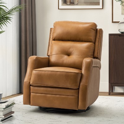 Basilio 28.74" W Tufted Genuine Leather Swivel Rocker Recliner with Nailhead Trims | ARTFUL LIVING DESIGN