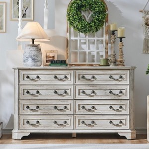 SinCiDo 54" Wide Farmhouse Dresser, 8 Drawer Wood Chest of Drawers w/Natural Texture, Vintage Bedroom Storage Dressers - 1 of 4