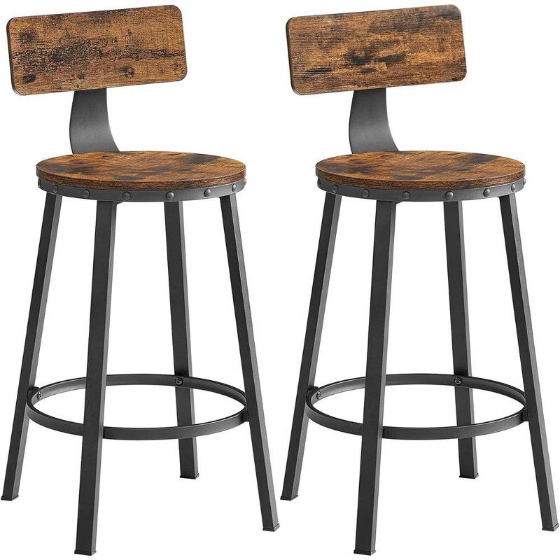 VASAGLE Bar Stools Set of 2, 24.6 Inches Barstools with Back, Counter Stools Bar Chairs with Backrest, Steel Frame, Industrial, Rustic Brown and Black, 1 of 5