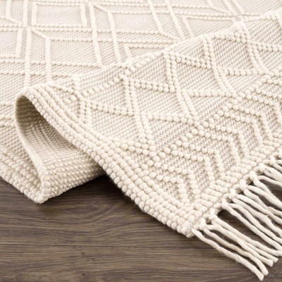 Ivory and Beige Handwoven Wool Cotton Trellis Rug, 3' x 5'
