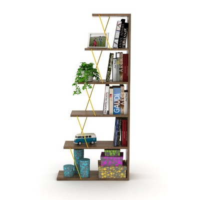 VYNXARIA Furnish Home Store Modern 5-Tier Ladder Bookshelf - Stylish Organizer for Small Spaces and Office Furniture,Walnut/Yellow