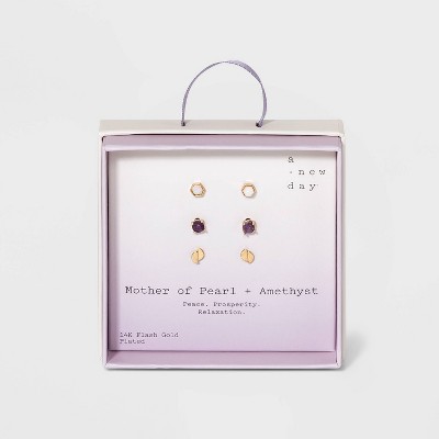 Silver Plated Semi-Precious Stud Earring Set 3pc - A New Day™