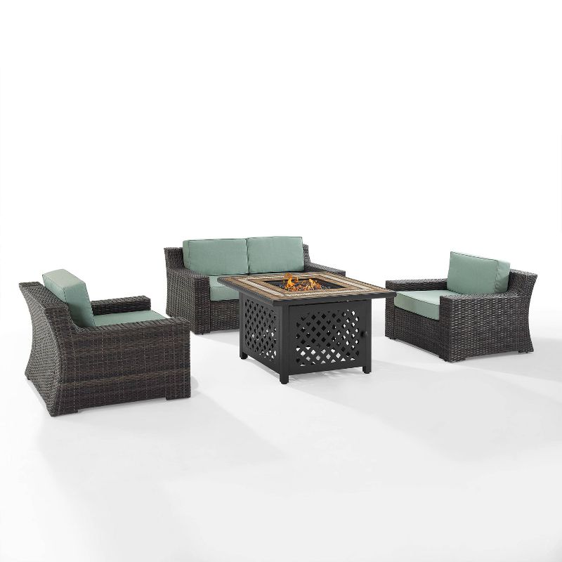 Beaufort 4 Pc Outdoor Wicker Conversation Set - Love seat and 2 Chairs with Fire Table Mist/Brown - Crosley, 1 of 11