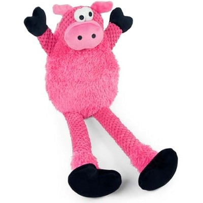 goDog Checkers Skinny Pig Squeaky Plush Dog Toy, Chew Guard Technology - Pink, Large