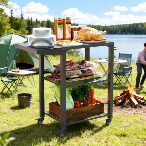 ORRD Outdoor Grill Cart with Foldable Side Table & 3-Tier Shelves, Stainless Steel Pizza Oven Stand, Mobile BBQ Prep Table with Hooks & Wheels - 1 of 4