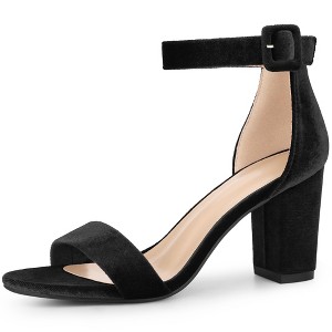 Perphy Women's Faux Velvet Ankle Buckle Strap High Chunky Heels Sandals - 1 of 4