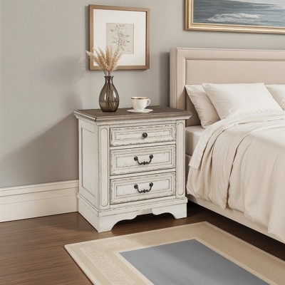 Royal Hampton 27 Inch Nightstand | 3 Drawers with Charging | Cottage Distressed White, Dark Bronze