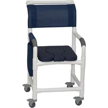 MJM International Corporation Shower chair 18 in width 3 in total locking casters BLUE dual usage front seat BLUE designer 300 lbs wt