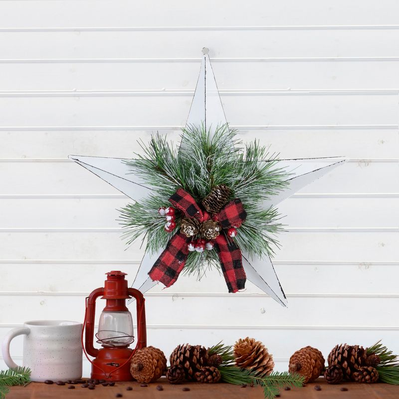 Northlight 17" White 5 point Christmas Star With Plaid Ribbon with Artificial Pine, 2 of 6