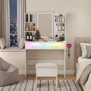 FONTOI 35.4"W Vanity Desk with Mirror and Chair 2 Drawers and 6 Storage Shelves for Woman Bedroom Dressing Room, White, 35.43"*15.75"*53.94" - 1 of 4