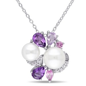 EVERLY JEWELRY | Sterling Silver Amethyst, Rose de France, Created Sapphire and White Pearl Cluster Pendant - 1 of 4