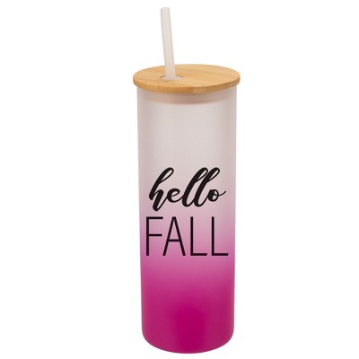 Elanze Designs Hello Fall Autumn Season Wrap-Around Design 25 Ounce Frosted Gradient Glass On-The-Go Coffee Travel Skinny Tumbler Mug Cup, Bamboo Lid