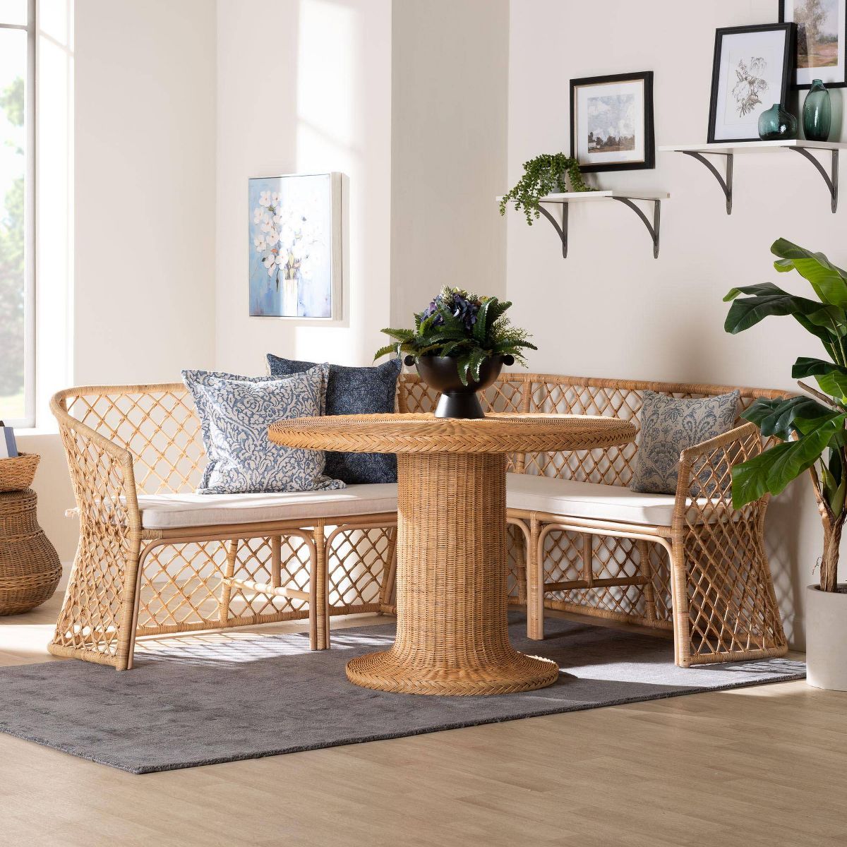 bali & pari Ellard Bohemian Rattan 3  Piece Dining Nook Set Light Honey - thumbnail 9