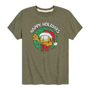 Boys' - Garfield - Happy Holidays Wreath Short Sleeve Graphic T-Shirt - 1 of 4