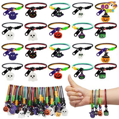 Joyfy 60 Pcs Halloween Zipper Bracelets Bulk Set for Kids Girls Boys Gifts, Friendship Zipper Wristbands for Halloween Classroom Prizes Party Favors