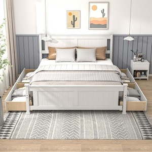 Karl Home Wood Bed Frame Full Size With 4 Storage Drawers, Solid Wood Platform Bed with Headboard - 1 of 4