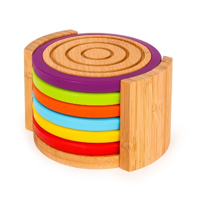 BergHOFF Bamboo 6Pc Coaster Set with Silicone Rims 4.7x2.7, Multi-color