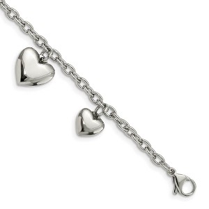 Black Bow Jewelry Stainless Steel Puffed Hearts Charm Bracelet, 8 Inch - 1 of 4