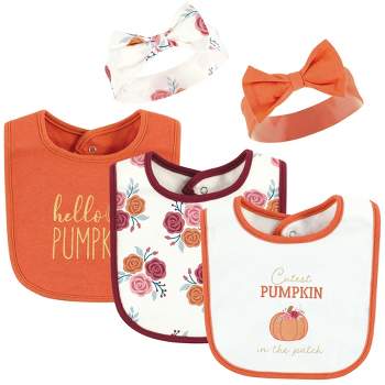 Hudson Baby Infant Girl Cotton Bib and Headband or Caps Set, Pink Cutest Pumpkin, One Size