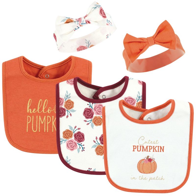 Hudson Baby Infant Girl Cotton Bib and Headband or Caps Set, Pink Cutest Pumpkin, One Size, 1 of 6