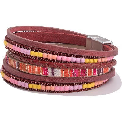 Trendy Layered Boho Leather Wrap Bracelets with Magnetic Clasp, Stackable Bohemian Jewelry Gifts for Women